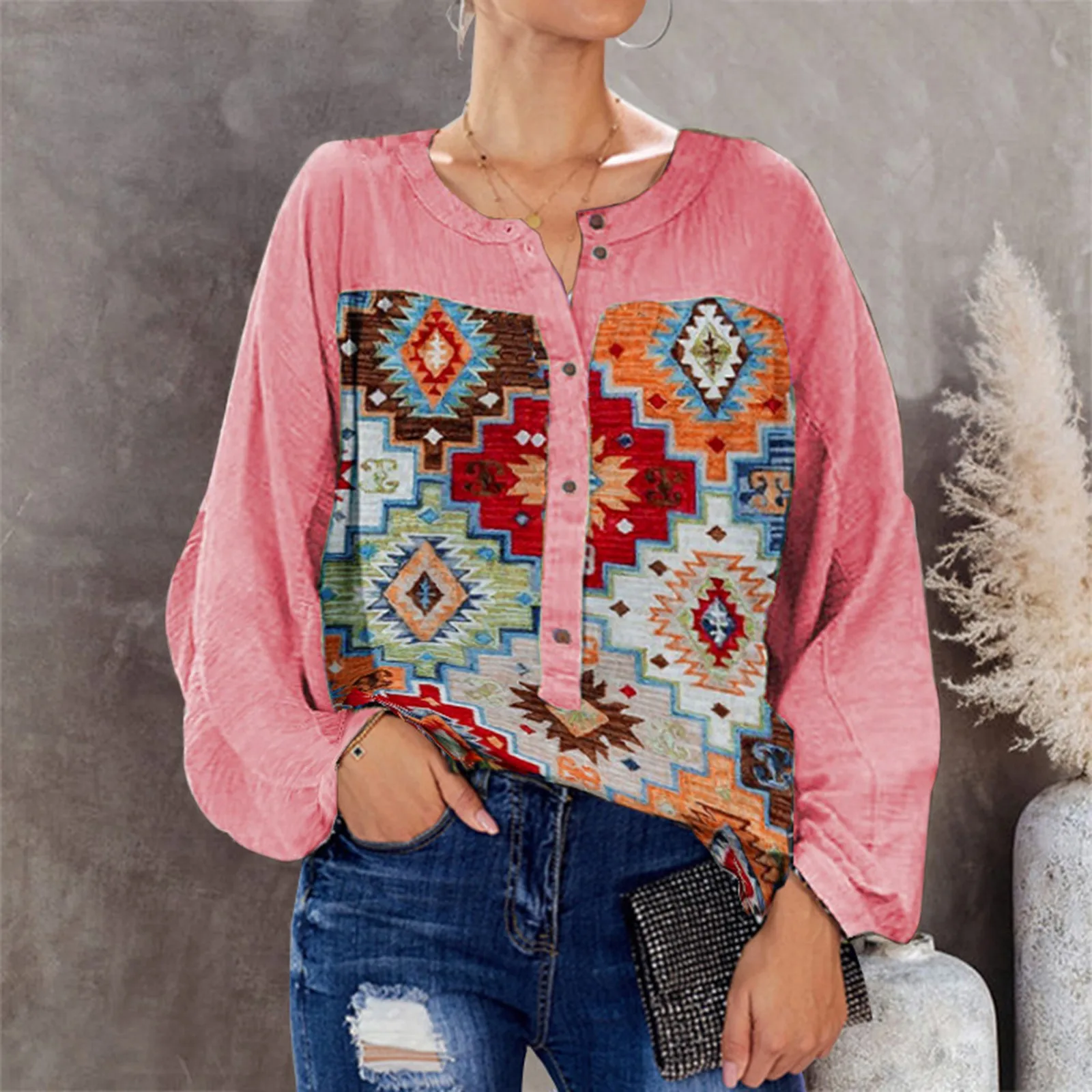 

Женская футболка с круглым вырезом и длинным рукавом, винтажная длинная Повседневная футболка с принтом на пуговицах для женщин, Женская ту...