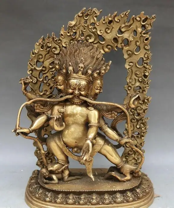 

12" China Buddhism Bronze Lotus 6 Arms Mahakala Wrathful Deity Buddha Statue