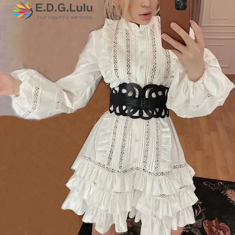 

EDGLuLu Two Piece Sets Womens Outifits Stand Collar Hollow Embroidery Lace White Ruffle Dress+suspender Dress Black Suit 1104
