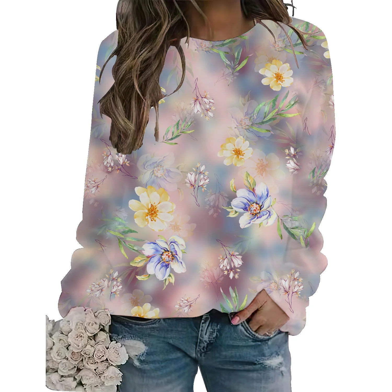 

American retro full print floral print thin round neck sweater women's 2022 autumn and winter new loose large shirt tide
