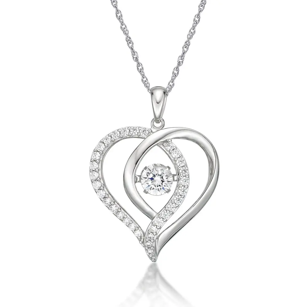

NEW 925 Sterling Silver Simulated White Open Double Heart Dancing Gemstone Pendant on 18" Fine Rope Chain