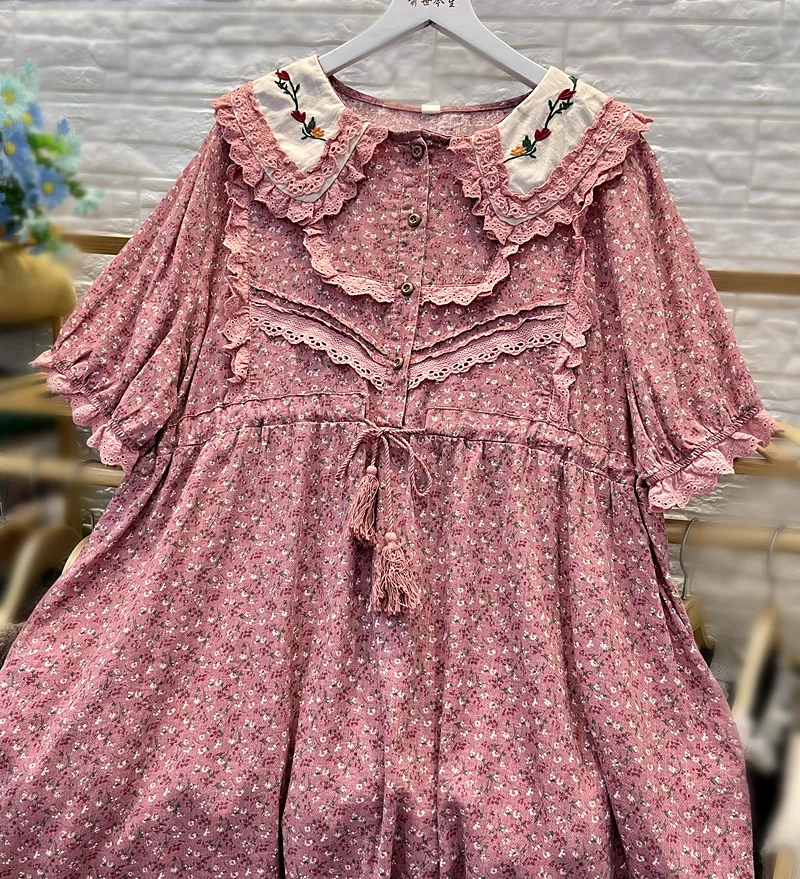 

Female Vintage Victorian Lace Floral Embroidery Cotton Linen Midi Dress Japanese Mori Girl Prairie Chic Big Size Loose Dress