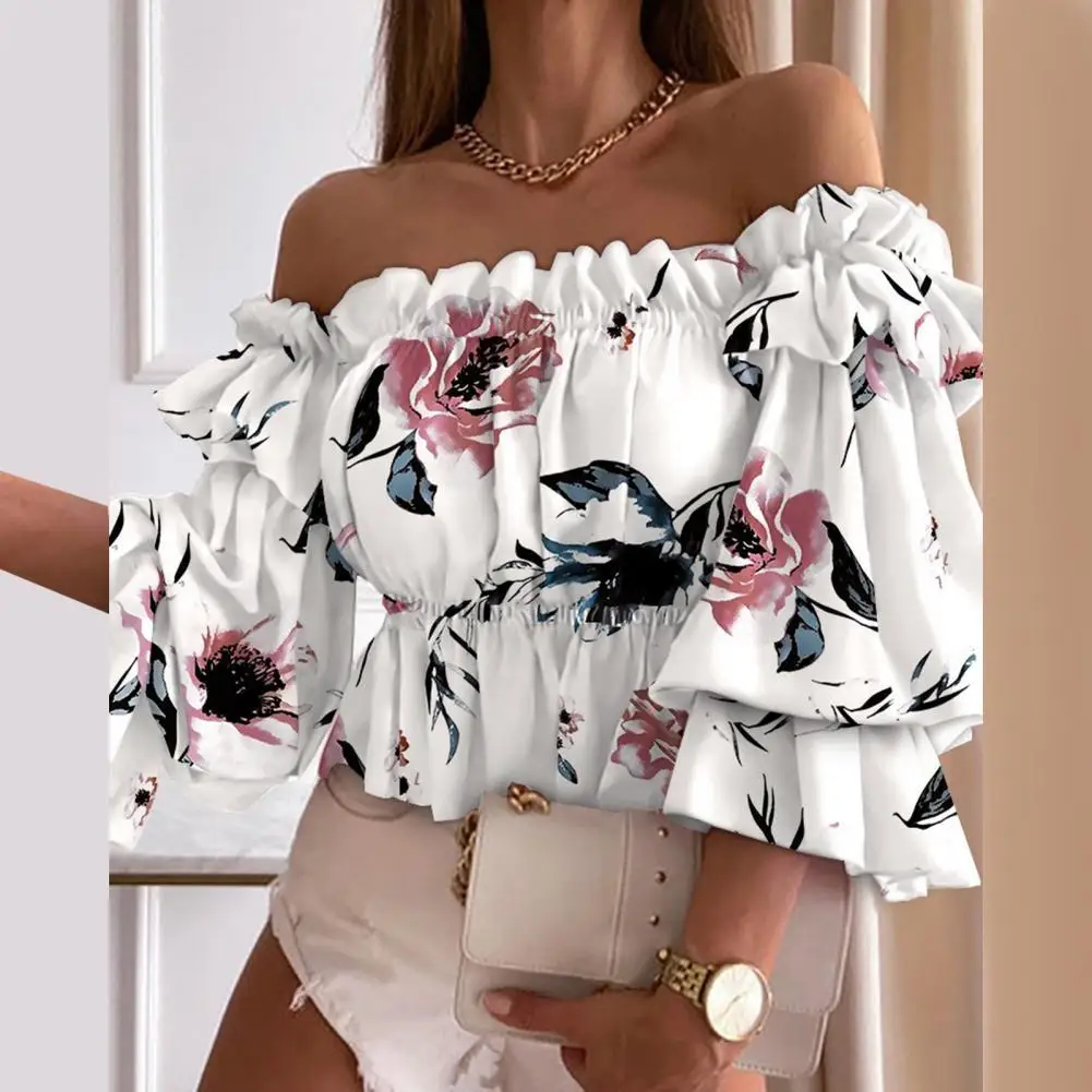 Fora do Ombro Senhora do Escritório Camisa para Namoro Sexy Blusas Femininas Multi-camada Superior Colorido Plissado Elegante Chique Manga Alargamento