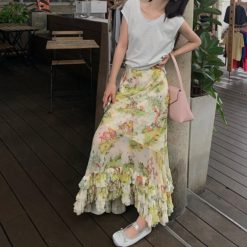 

Qiukichonson Ruffle Midi Long Skirts Womens Print Skirt 2023 Spring Summer Mori Girl Style Sweet High Waisted A-Line Mesh Skirt