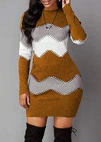 2022 spring and autumn mid length short skirt round neck long sleeve knitted hip bottoming dress womens clothing