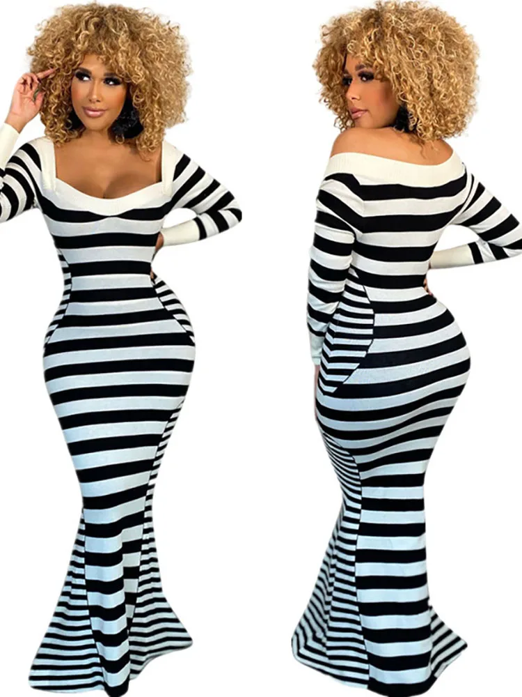 

Women Striped Patchwork Plunging V-neck Long Sleeve Mermaid Maxi Dress Elegant Party Autumn Winter Long Dresses