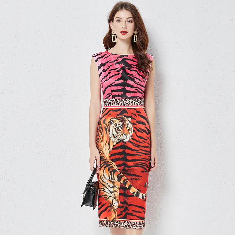 

Summer Designer Fashion Tiger Leopard Print Runway Dress Women's Sexy Sleeveless Vintage Midi Bodycon Pencil Party Dresses