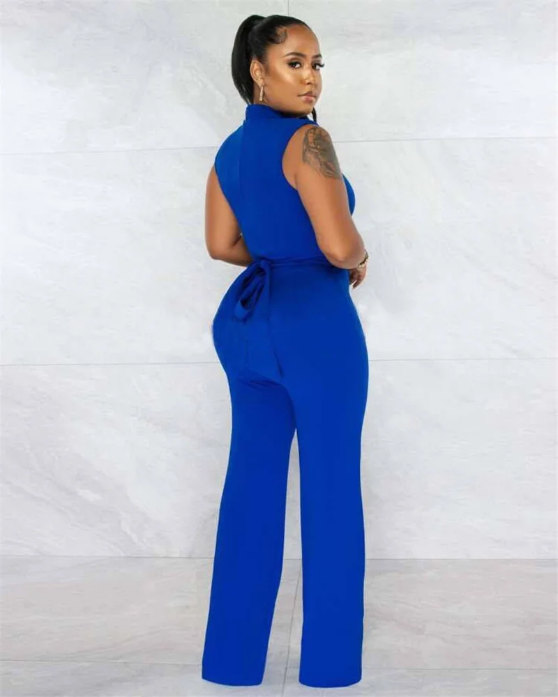 Solid Chain with Belt Casual Jumpsuit for Women Elegant Sleeveless Wide Leg Romper Streetwear Sporty Jogger Overalls Wholesales