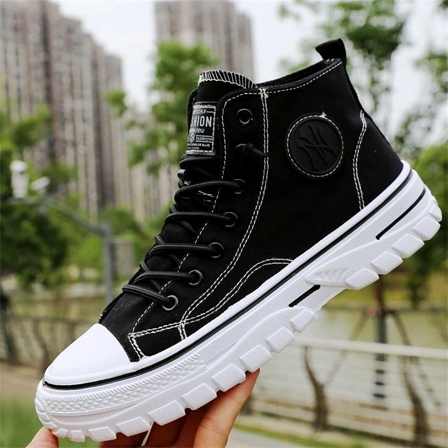 High Top Fashion Canvas Shoes Men Breathable Lace-up Sneakers With Platform Beige Black Gray Designer Vulcanized Footwear