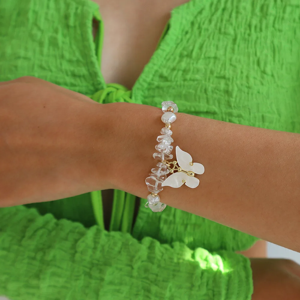 

Irregular Natural Gem Stone Bracelet Stretch Acrylic Butterfly Charm Nuggets Rose Crystal Quartz Bracelets Bangles For Women