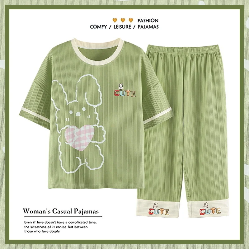 pajamas women's new summer cotton short sleeved pants are sweet and lovely. large clothes suit can be worn outside