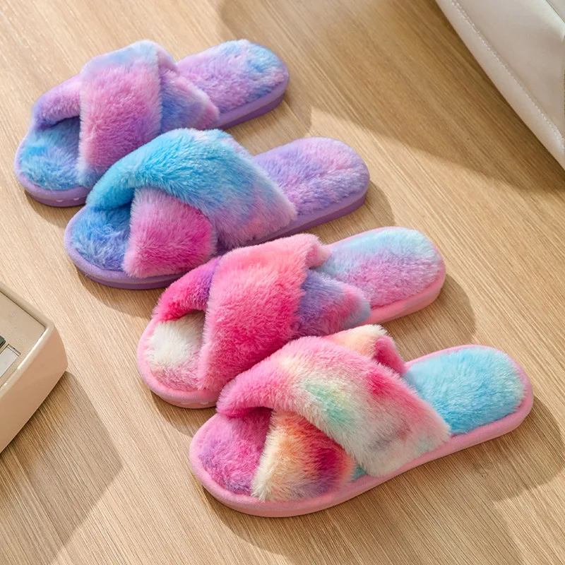Autumn and Winter New Fashion Colorful Plush Slippers Women's Home Fluffy Warm Flat Open Toe Crossed Plush Cotton Slippers Women