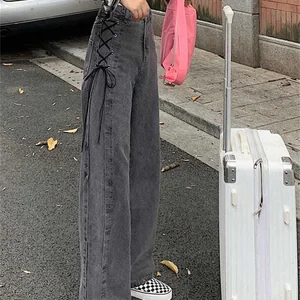 spring 2022 womens  high waist lace up straight Women's Wide leg jeans baggy woman denim capris Pant in Pakistan