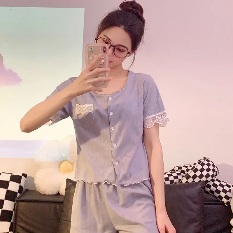 2023 summer 6535 cotton pajamas women sweet ins Korean style cardigan short sleeve shorts shorts loungewear two-piece outerwear