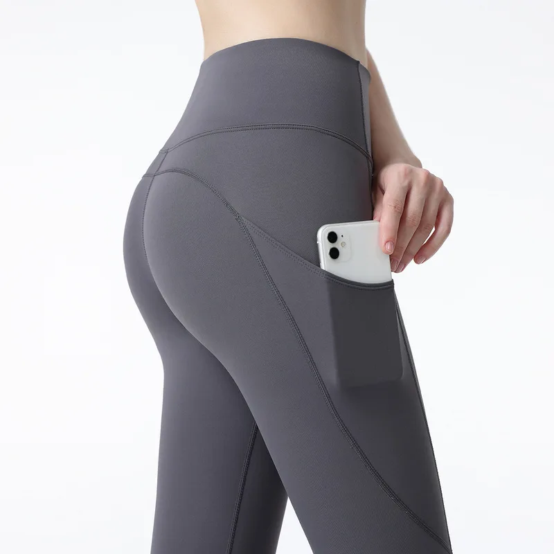 

With Logo High Waist Yoga Pants With Pockets Women Naked Tummy Control Sports Gym Leggings Female Workout Tights Sportswear