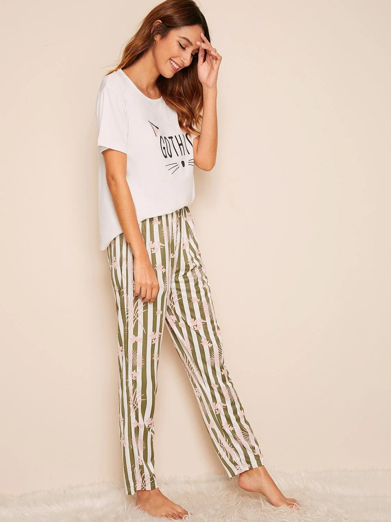 

2022 New Cat Print Top With Striped Pants PJ Set Women's Sleepwear Sexy pajamas