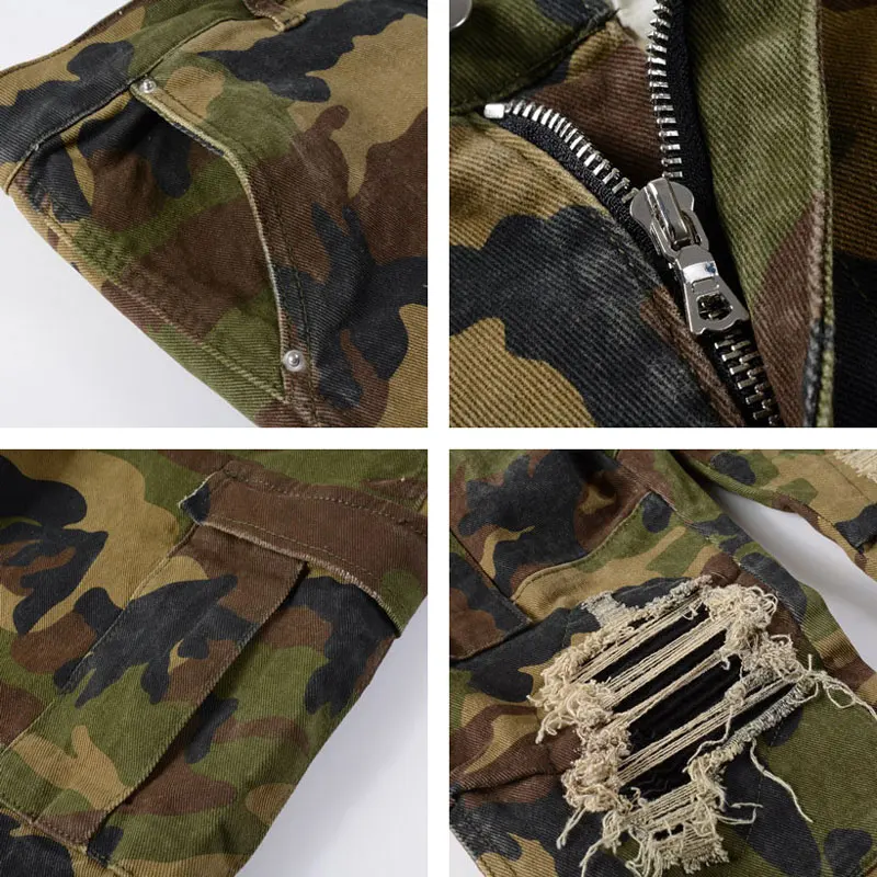 Fashion Designer Men Jeans Camouflage Elastic Slim Fit Hole Ripped Jeans Men Big Pocket Cargo Pants Hip Hop Brand Pants Hombre