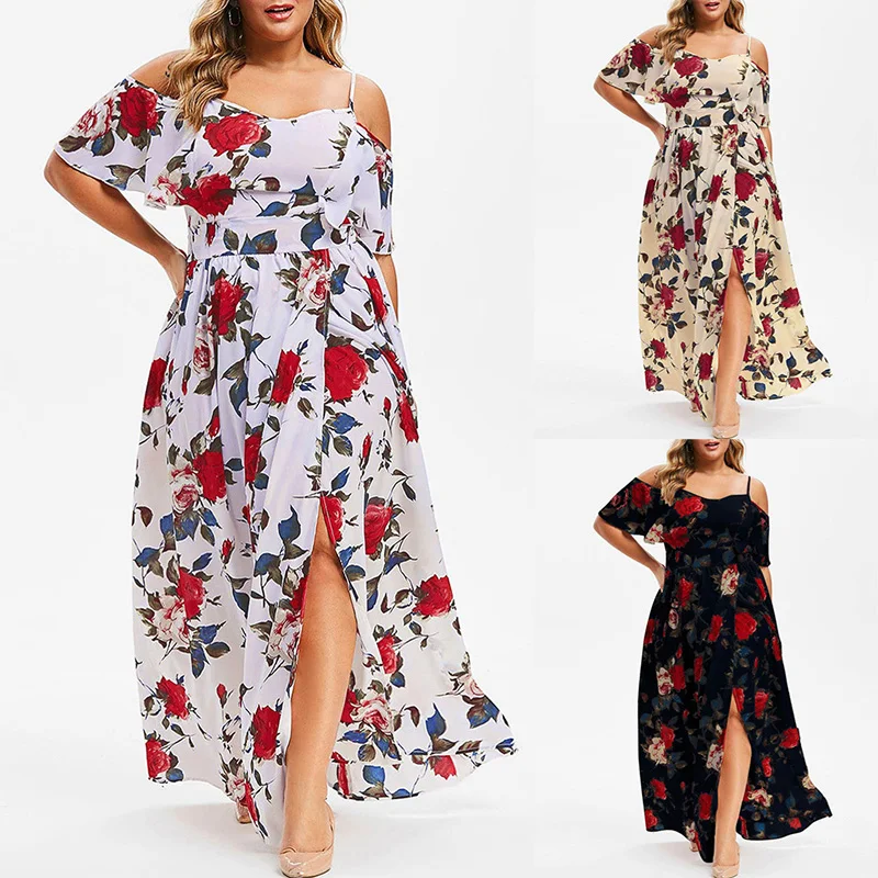 Bohemian Off Shoulder Floral Print Short Sleeve Summer Casual Plus Size Clothes High Waisted Women Slit Slip Ankle-Length Dress