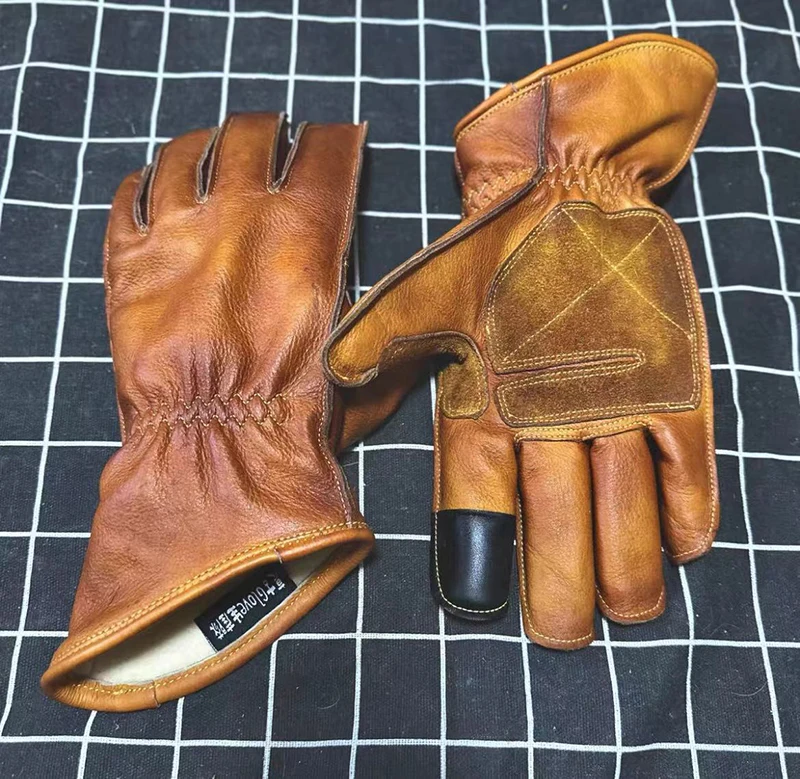 Handmade Vintage Leather Motorcycle Racing Glove Guantes Moto Luvas Full Finger Motocross MTB Biker Gloves Touchscreen Glove enlarge