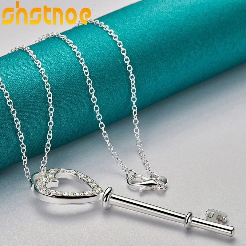 

925 Sterling Silver 16-30 Inch Chain AAA Zircon Heart Key Pendant Necklace For Women Engagement Wedding Fashion Charm Jewelry