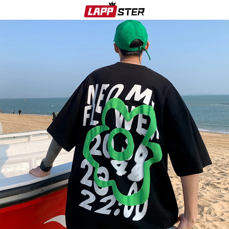 

LAPPSTER Men Flower Oversized Harajuku T-Shirts 2022 Y2k Streetwear Funny 100% Cotton Tshirts Japanese Fashion White Tshirt Tees