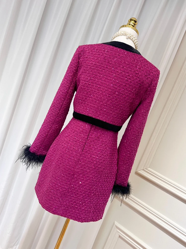DEAT Твидовые комплекты из двух предметов для женщин манжеты с перьями бархатное