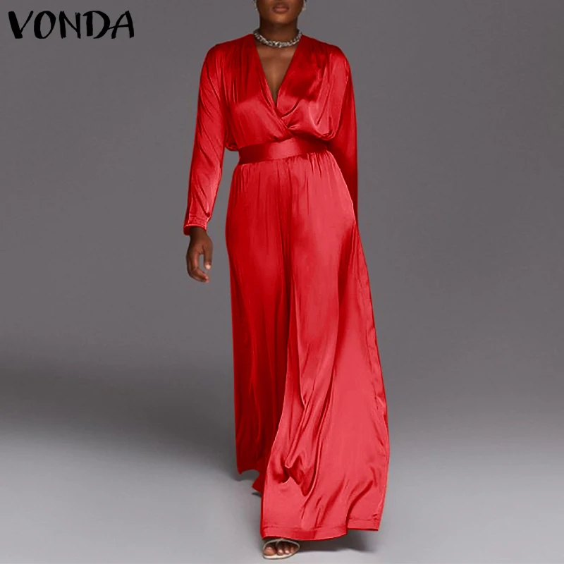 

Elegant Women Jumpsuits 2022 VONDA Casual Wide Leg Pants Female Trousers Sexy Long Sleeve V Neck High Waist Overalls Dungarees