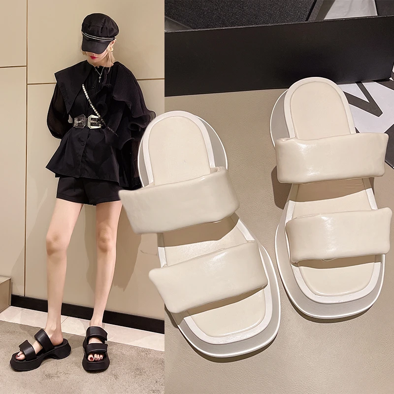 

Square Mouth Design Women Sandals Outdoor Beach High Heel Non-slip Woman Slides Fashion Casual Summer New Female Shoes Largesize