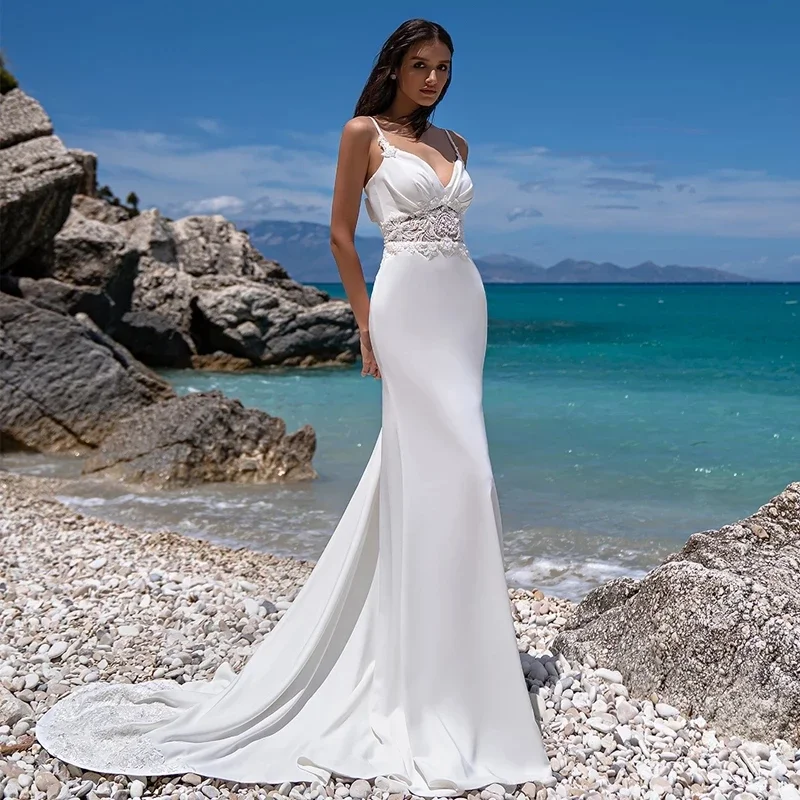 

Roseca Ye Beach Spaghetti Straps Mermaid Bridal Gowns V-neck Lace Boho Wedding Dresses For Women Back With Bow Chic Modern Dress