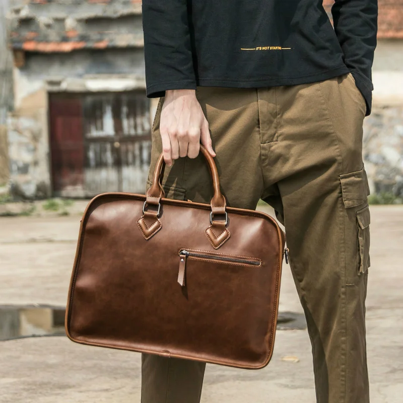 

New Leather Men Briefcase Vintage Business Brown Shoulder Mens Laptop Bag Man Office Bags For 14.1 Inch Macbook Air Bolso Hombre