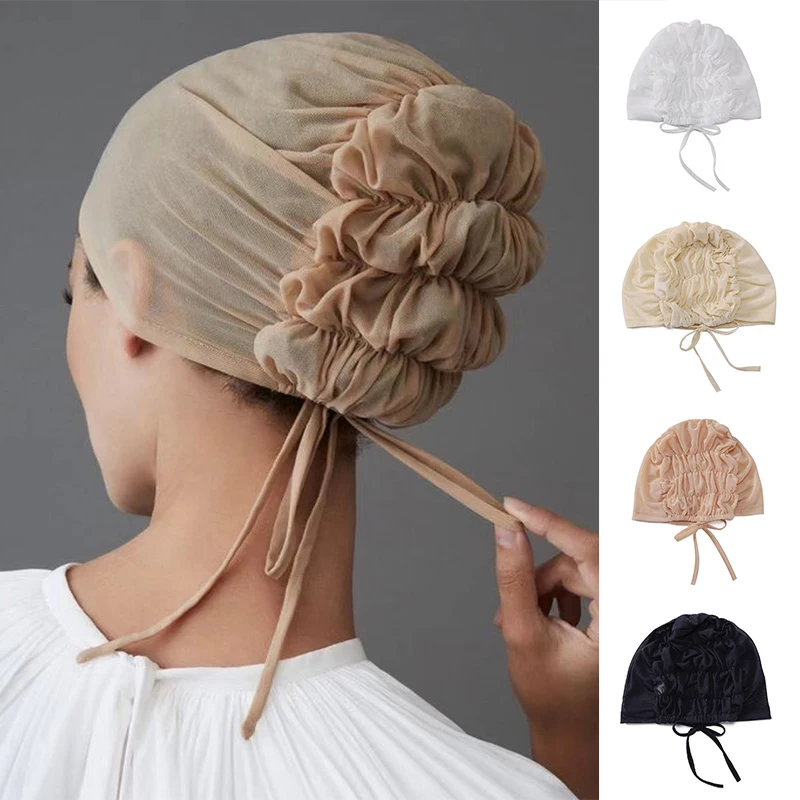 

New Breathable Mesh Muslim Turban Hat Elastic Inner Hijab Cap With Rope Female Bonnet Islamic Underscarf Headwrap Turbante Mujer