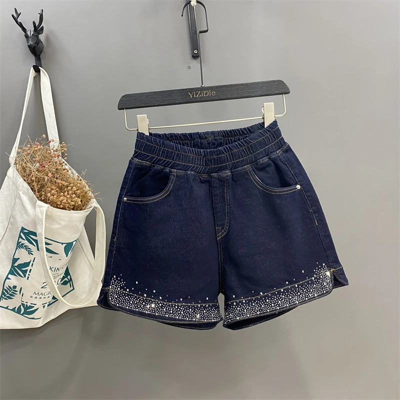 Vintage Dark Blue Trousers Hot Rhinestone Split Elastic Waist Wide-Leg A- Line Shorts Fashionable Loose Slimming Denim Hot Pants
