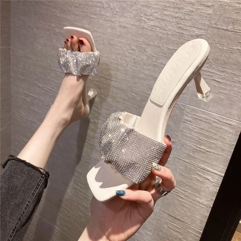 2022 Versatile New Rhinestone Ankle-Strap Open Toe Sandals Internet Celebrity French High Heels Women's Stiletto Heel Black