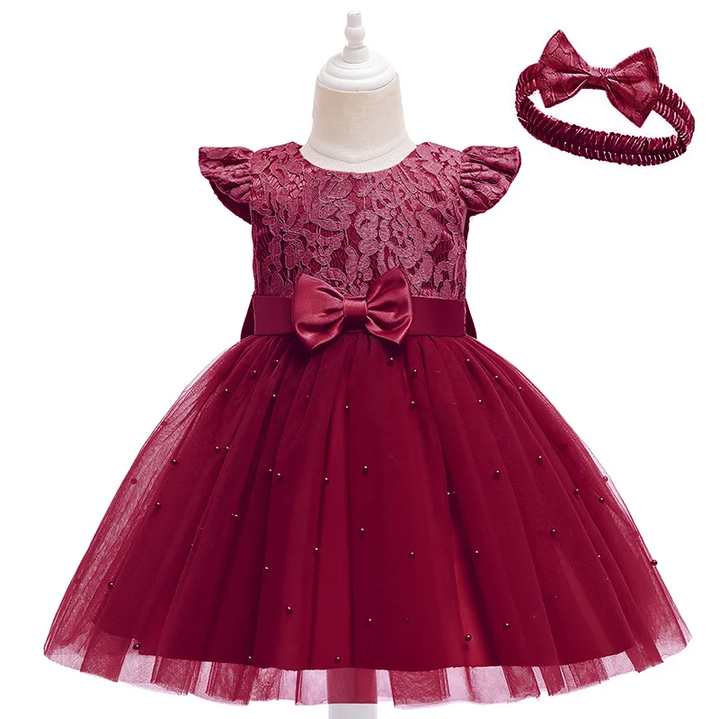 

2022 New Summer Kids Wedding Dresses Flower Girls Pearl Bow Mesh Princess Dresses For Girls Birthday Party Dresses Send Head. Ba