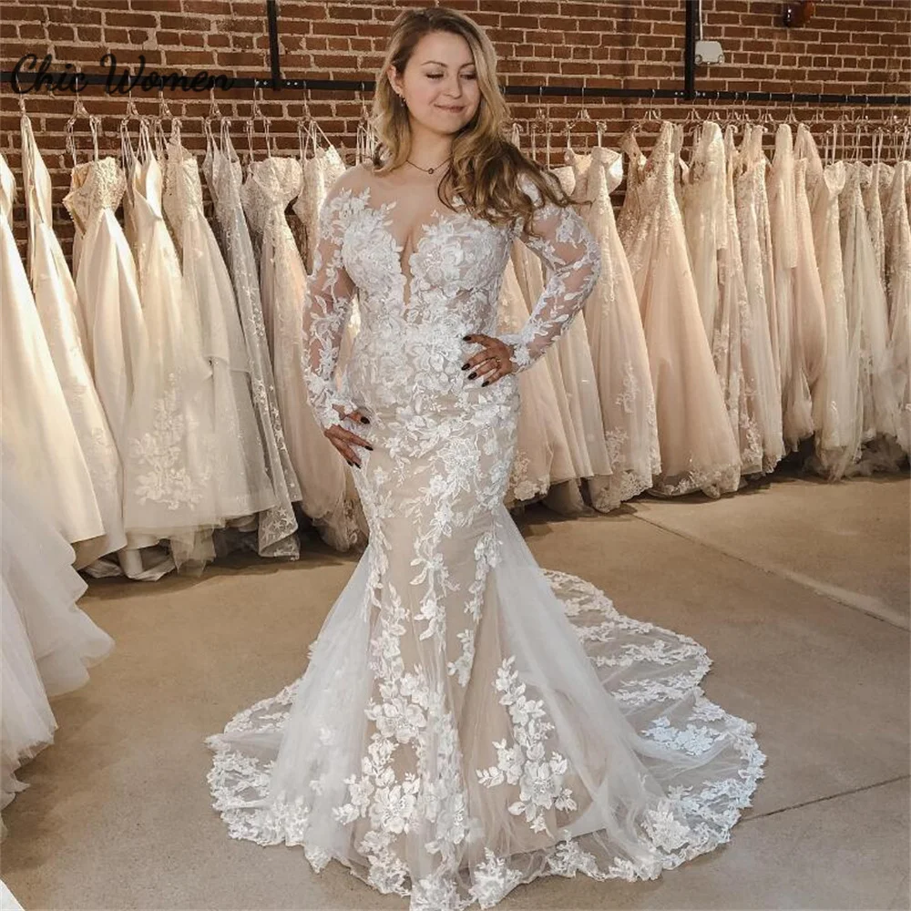 

Champagne Mermaid Wedding Dress With Long Sleeve Elegant Plus Size Boho Appliques Lace Bridal Gowns Chic Women Bohemian Bride