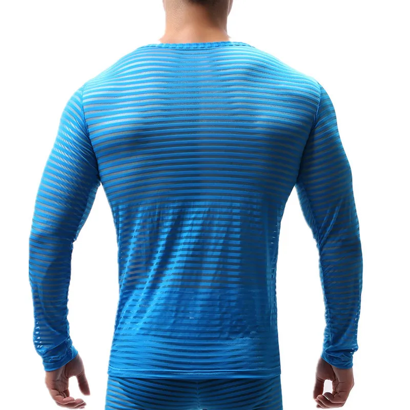 Sexy Mens Undershirts Long Sleeve T-Shirts Transparent Mesh Sleepwear See Through Nightwear Striped Tops Tees Sexy Underwear Tee