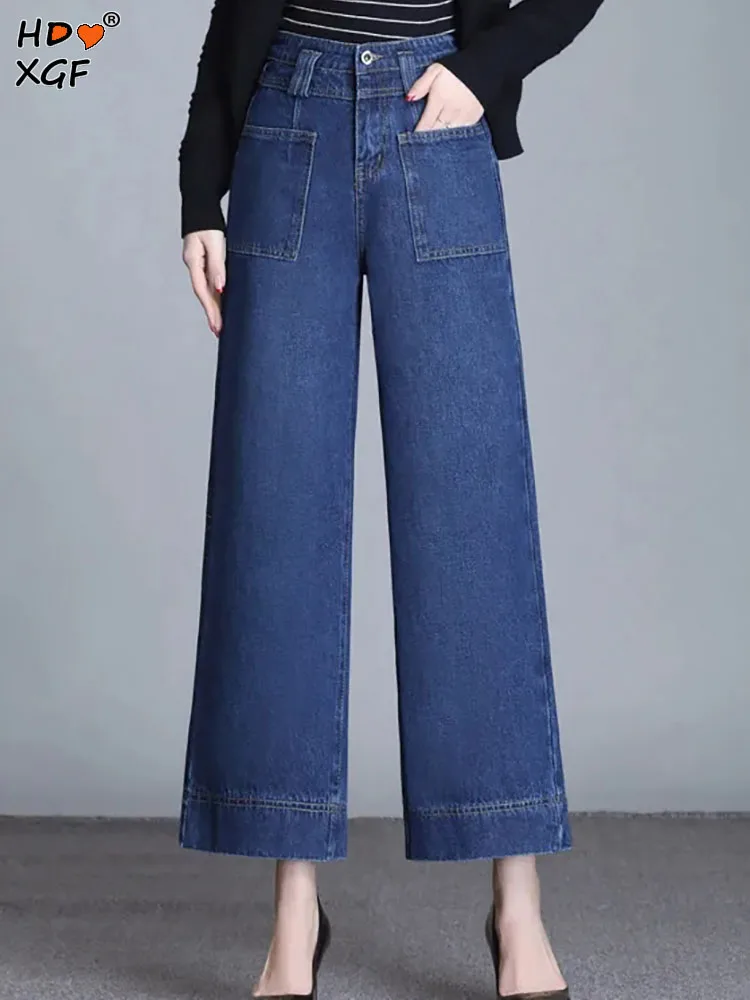 

Повседневные женские джинсы размера плюс с широкими штанинами, винтажные прямые джинсы с высокой талией, джинсовые брюки, корейские дизайнерские брюки, уличная одежда, новинка