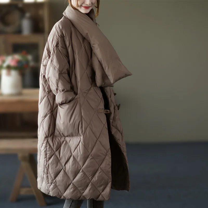 2022 New Korean Fashion Light Knee Length Down Coat with Scarf   coat women  winter jacket women  Long  Casual