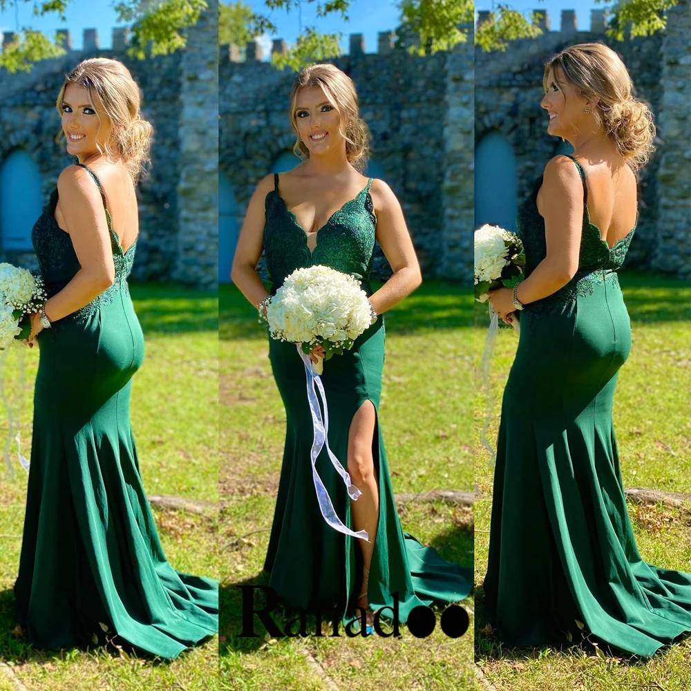 

V Neck Prom Evening Dress Appliques Mermaid Sleeveless Spaghetti Strap Zipper Court Train Slit Backless Robes De Soirée