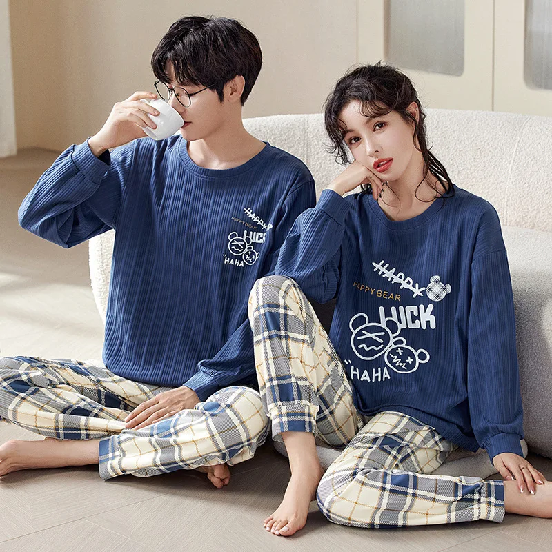 New spring and autumn couple pajamas women's long-sleeved men's loose cotton homewear suit oversized