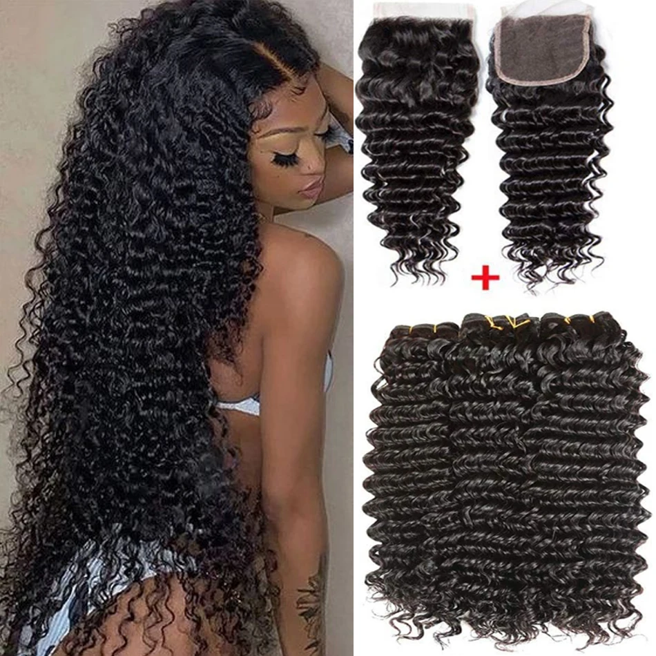 

12A Deep Wave Bundles With Closure 100% Unprocessed Virgin Human Hair Bundles With Closure Water Curly Hair Extexsions Malaysian