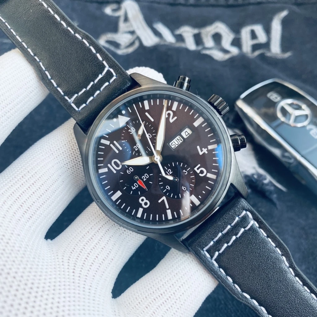 

mens pilot calendar sports watch automatic mechanical black leather