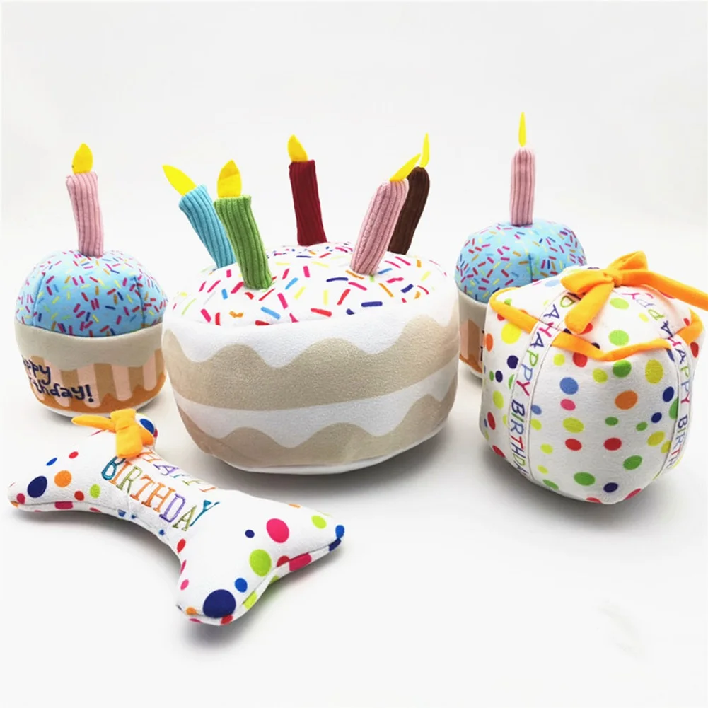 

Dog Chew Toys Birthday Party Stuffed Plush Puppy Toys Cake-shaped Interactive Chew Pet Squeaky Toys with Candles