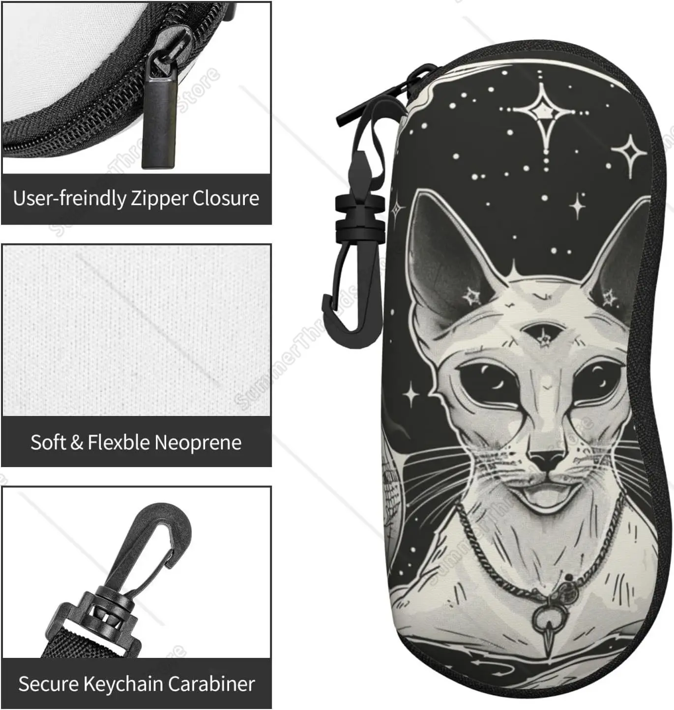 Фото Черный чехол для солнцезащитных очков Cat Occult Symbols Full Moon и Stars для мужчин и женщин, мягкий ультралегкий неопреновый чехол для очков на молнии №4