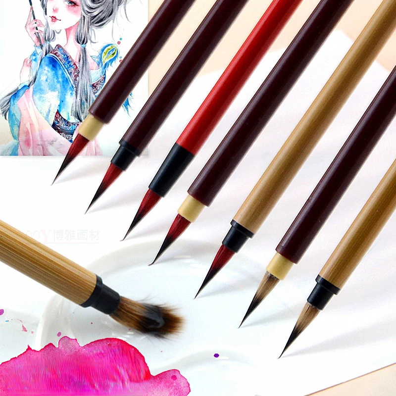 Single Wooden Bamboo Pole Watercolor Brush Round Head Wolf Hair Rabbit Hair Hand-painted Hook Line Brush Art Painting Stationery