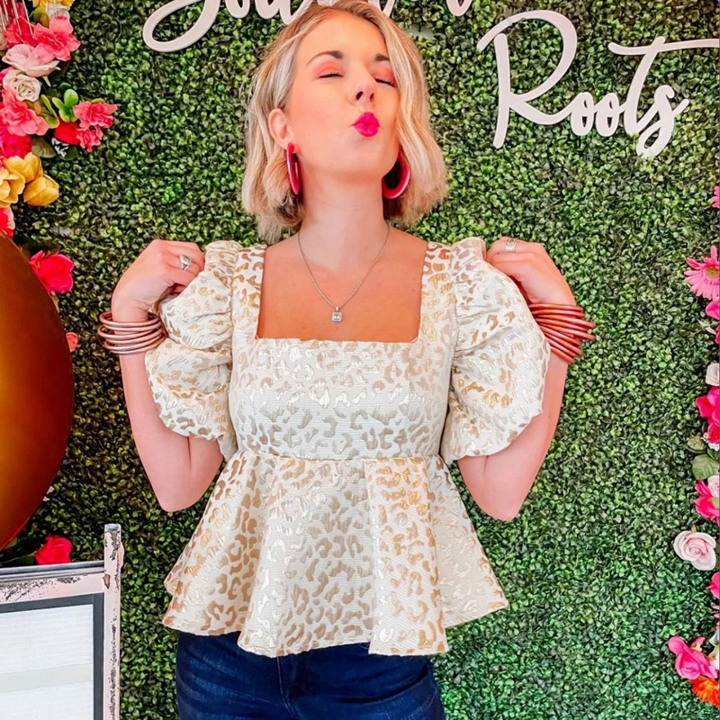 

TEELYNN Casual Square Collar Ruffles Hem Blouses Shirt for Women Vintage Puff Sleeve Pink Blouse Short Summer Party Shirts 2022