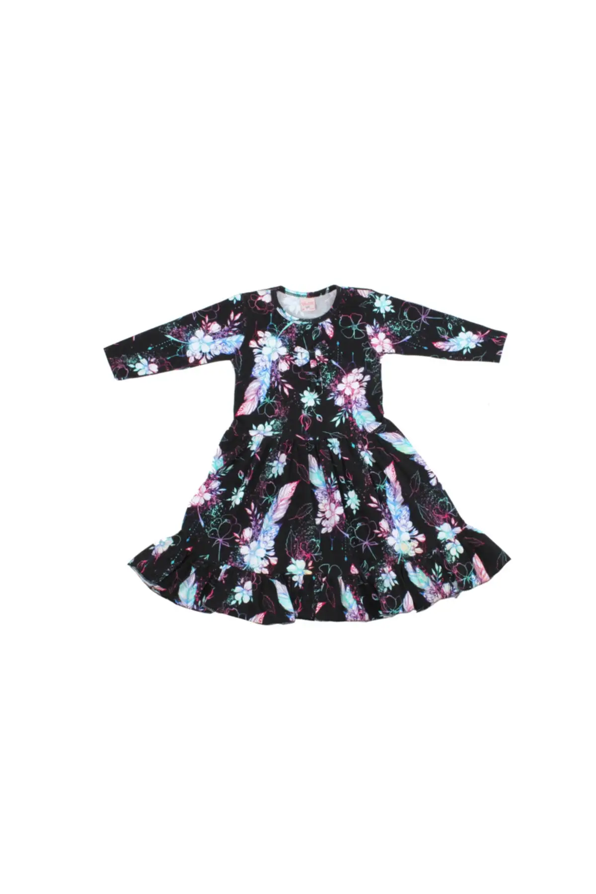 

Female Child Black Rose Print Dress Striped Bike Collar 3/4 sleeve 100 Cotton