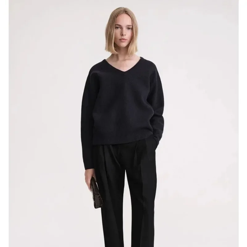 TT-Женский свободный свитер шерстяной пуловер V-образный вырез с длинными