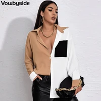 2022 new womens shirts patchwork long sleeves single breasted lapel casual shirt