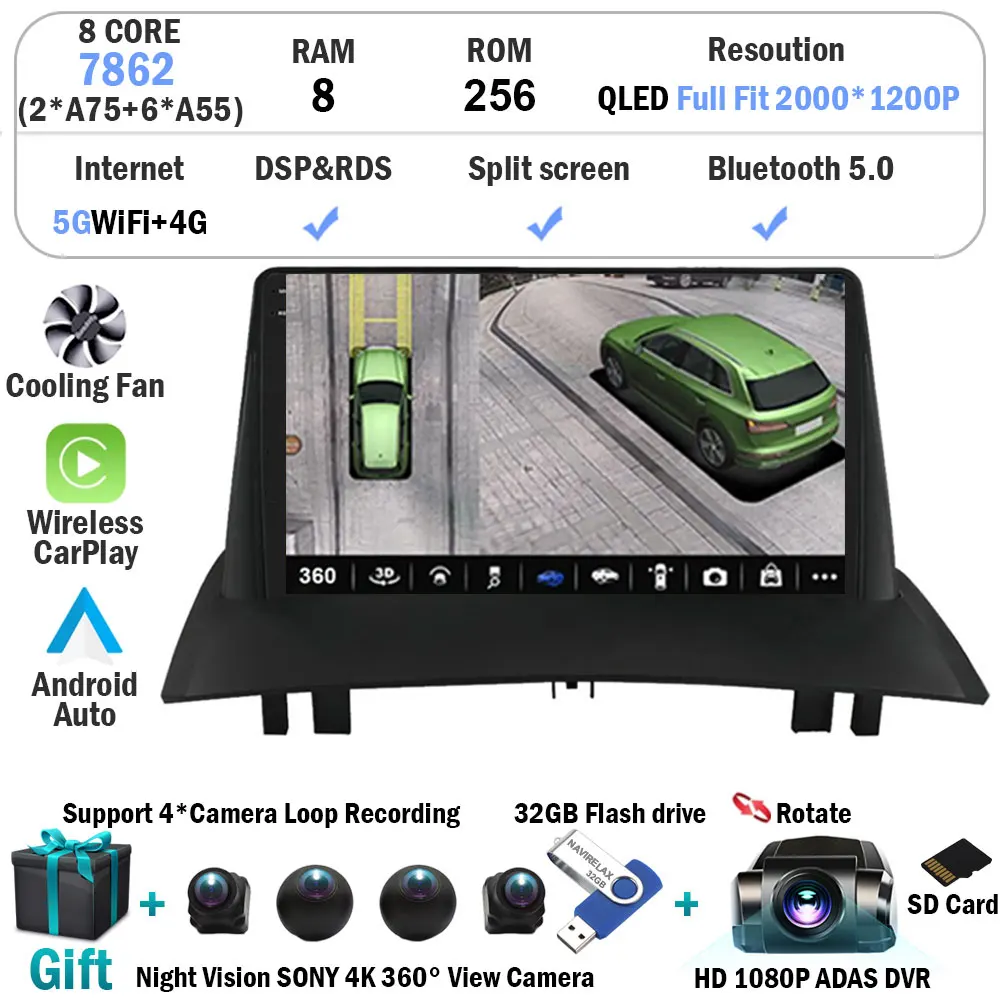 

Автомагнитола 2DIN для Renault Megane 2 2002-2009, мультимедийный видеоплеер с GPS-навигацией и камерой 360, Android 14, Wi-Fi + 4G Carplay